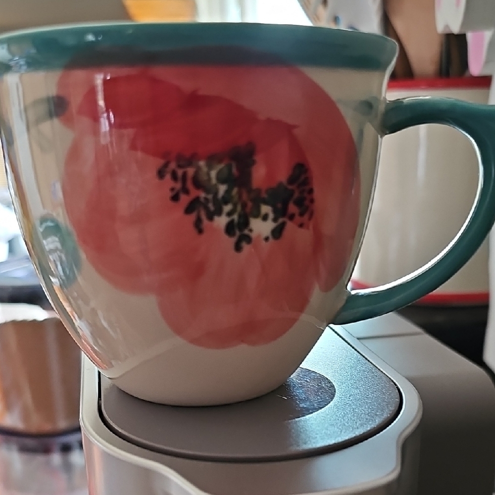 Floral Ceramic Coffee Mug with Teal Trim